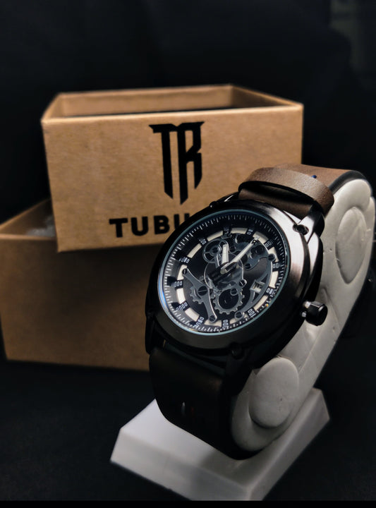 TUBULAR Men's Luxury Analog-Digital Quartz Watch – Luminous Display, Genuine Leather Strap, Brand Box & Gift Bag